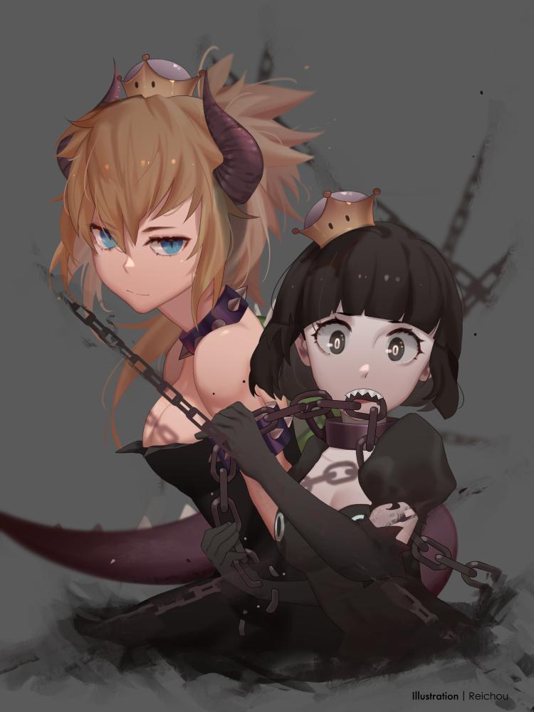 bowsette and princess chain chomp (mario and 1 more) drawn by reichiou