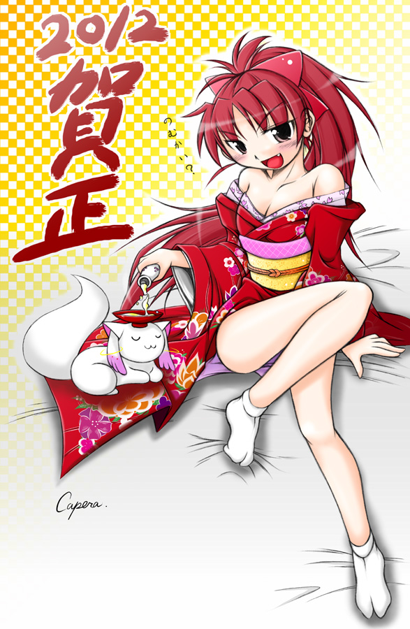 sakura kyoko and kyubey (mahou shoujo madoka magica) drawn by capera