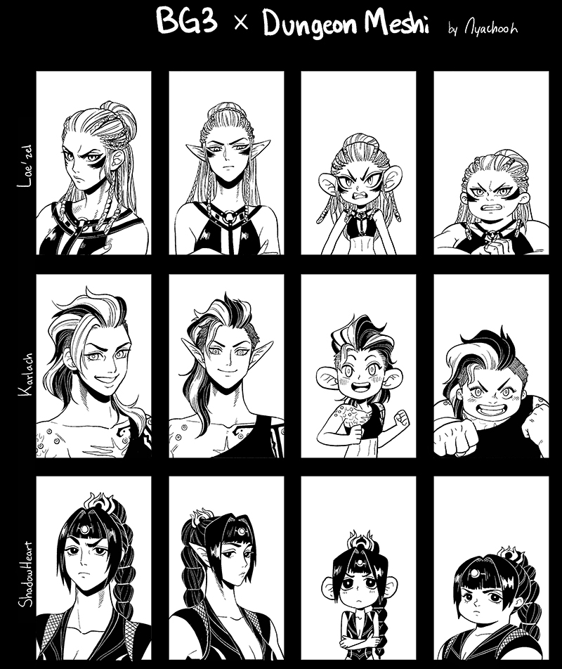 shadowheart, karlach, and lae'zel (dungeon meshi and 3 more) drawn by nyachooh