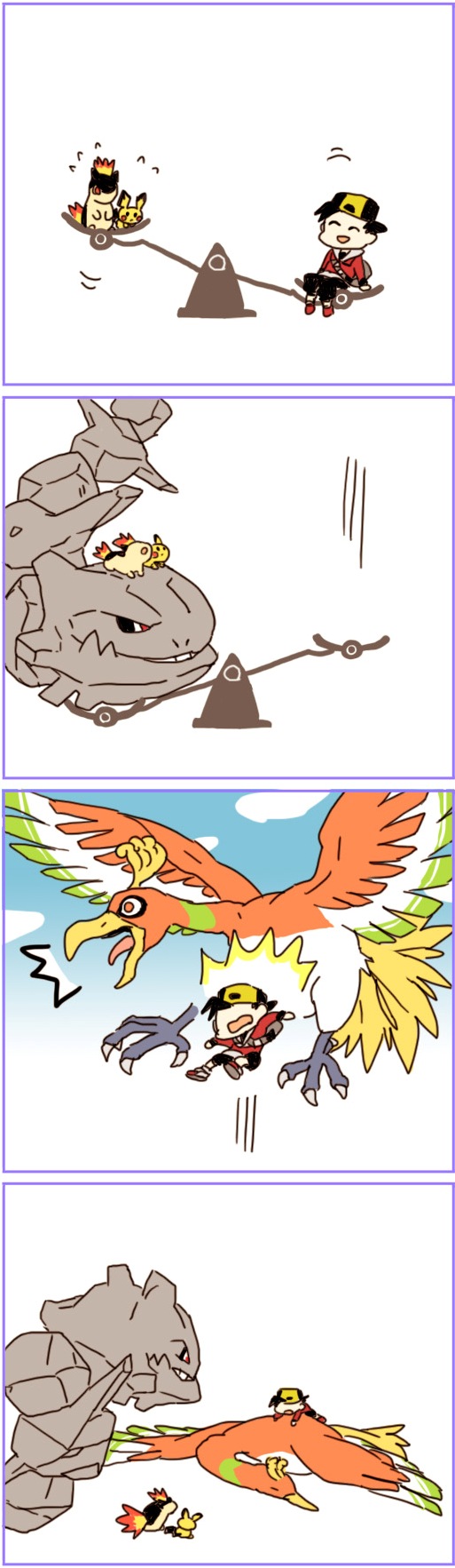 ethan, pichu, ho-oh, quilava, and steelix (pokemon and 1 more) drawn by hashiko_(pecopom)