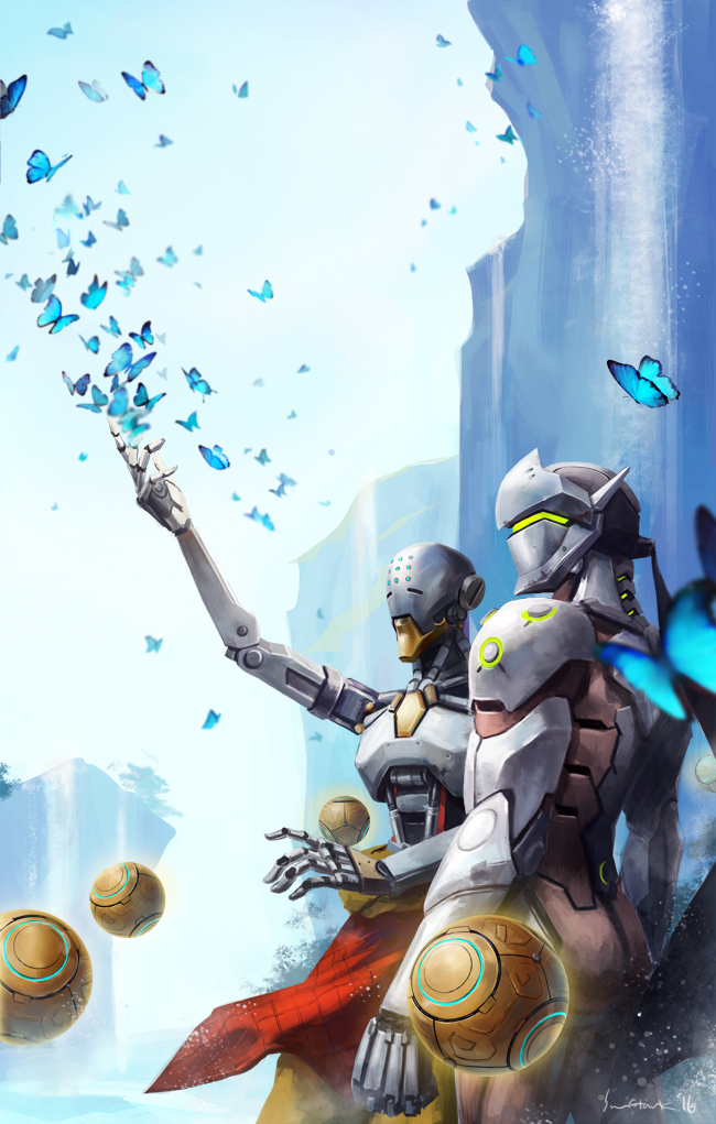 genji and zenyatta (overwatch and 1 more) drawn by sun_stark
