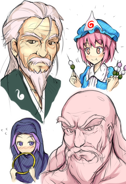 saigyouji yuyuko, kumoi ichirin, unzan, and konpaku youki (touhou) drawn by hinami_(hinatamizu)