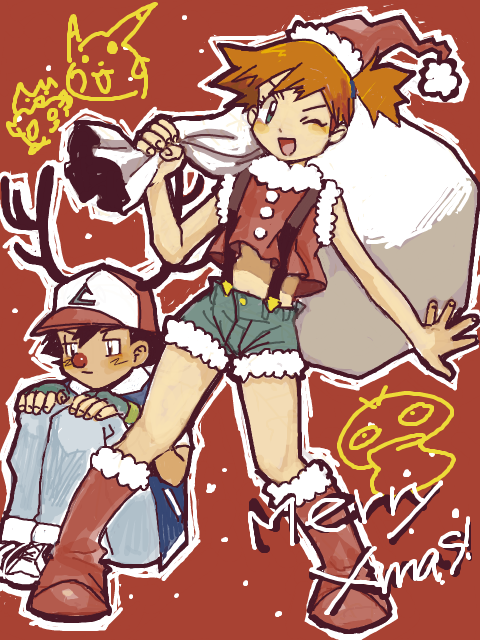 pikachu, ash ketchum, misty, psyduck, and togepi (pokemon) drawn by moiko