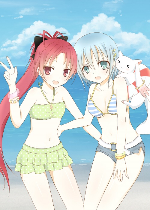 miki sayaka, sakura kyoko, and kyubey (mahou shoujo madoka magica) drawn by zeppeki_airin