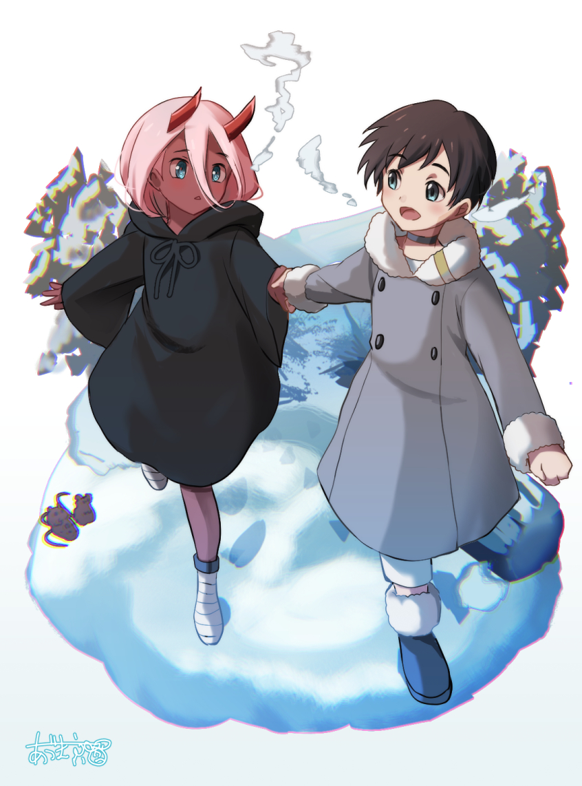 zero two and hiro (darling in the franxx) drawn by azuma_kei