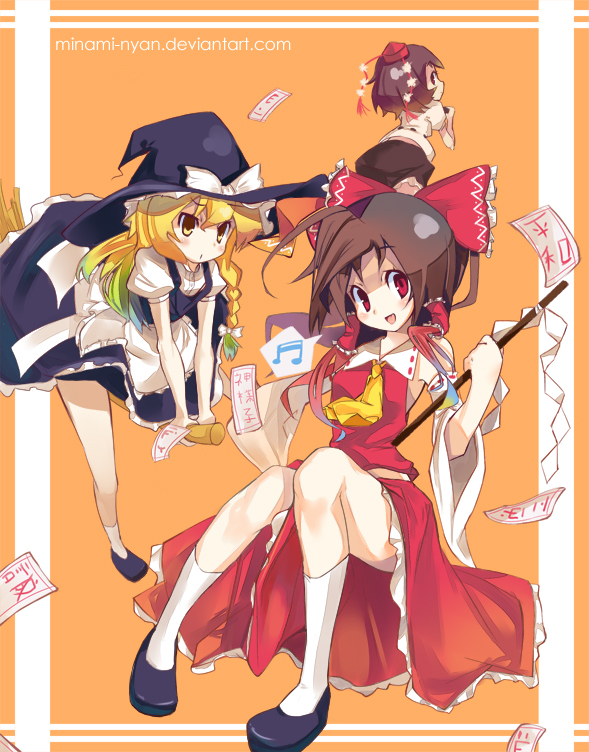 hakurei reimu, kirisame marisa, and shameimaru aya (touhou) drawn by minami-nyan