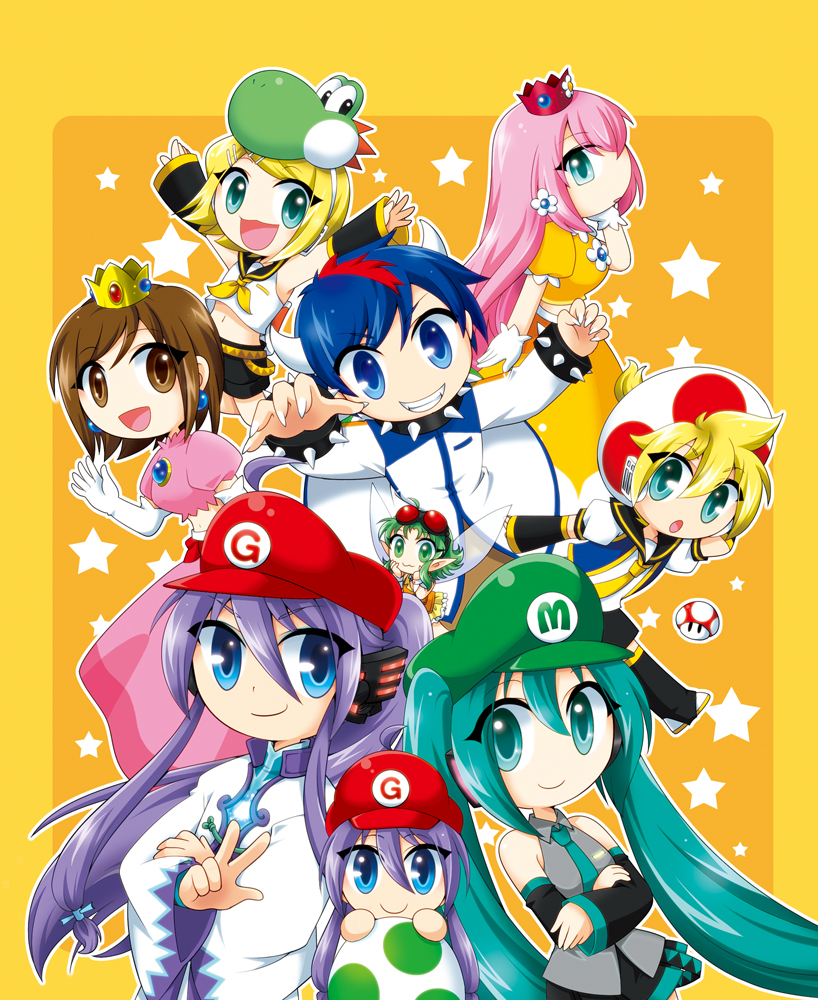 hatsune miku, kagamine rin, kagamine len, megurine luka, kaito, and 11 more (vocaloid and 1 more) drawn by atora_(atorandom)