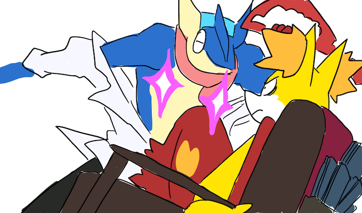 matoi ryuuko, greninja, mikisugi aikurou, and delphox (pokemon and 1 more) drawn by plainwhite
