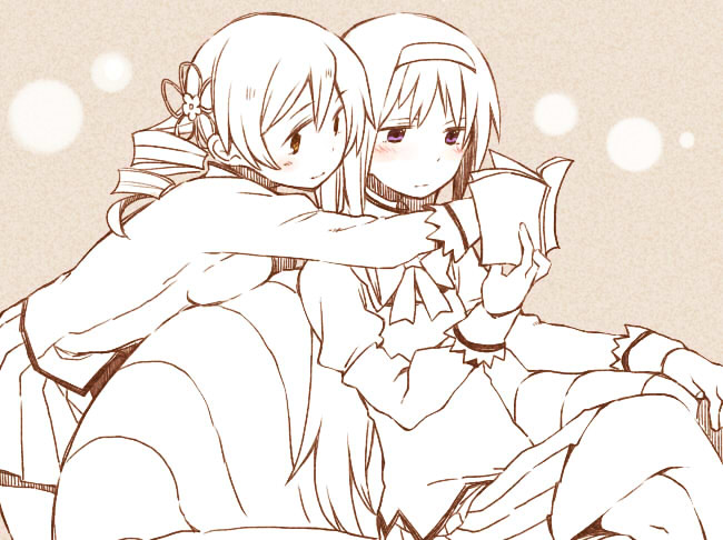 akemi homura and tomoe mami (mahou shoujo madoka magica) drawn by kutsuwada_on