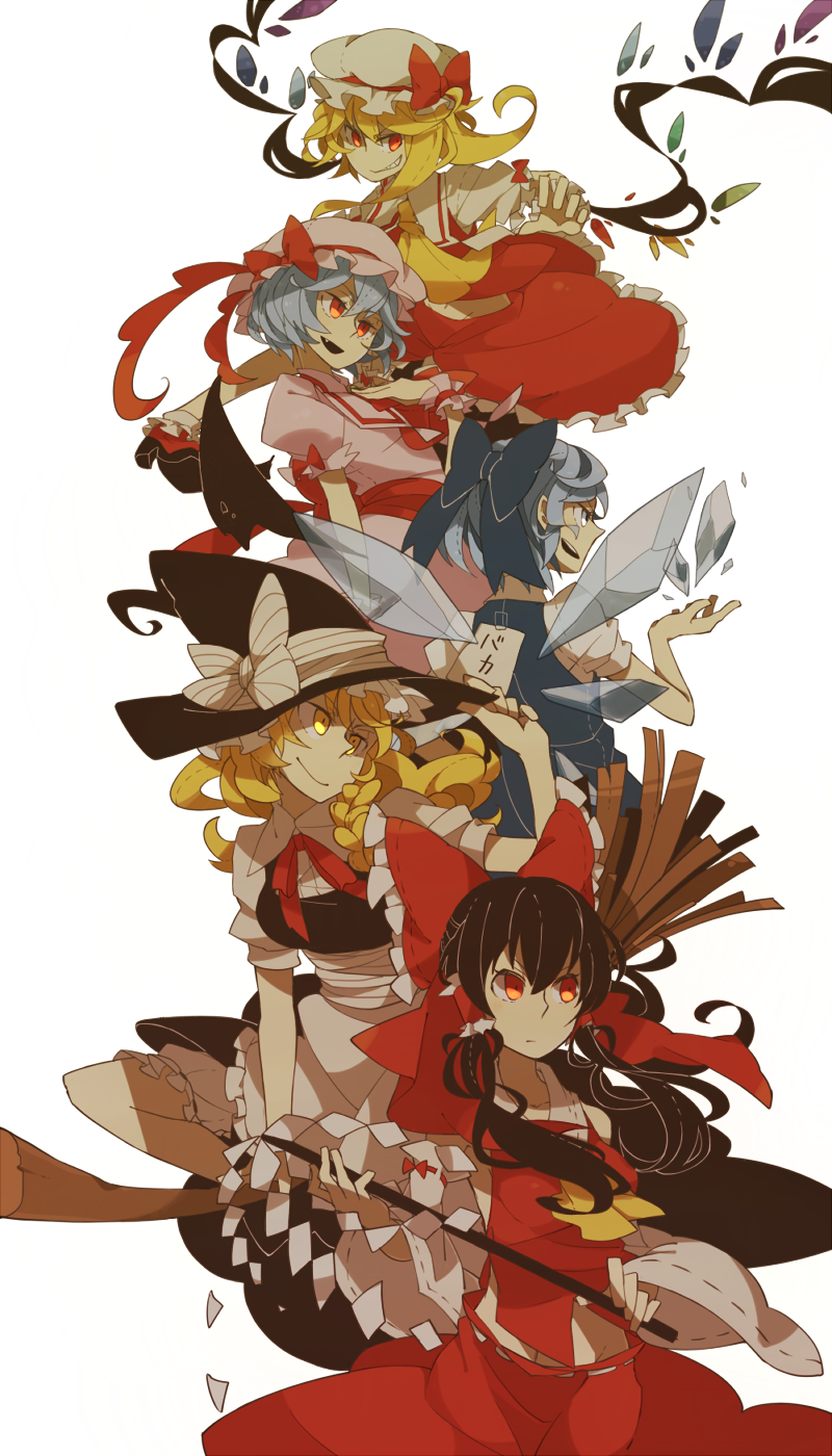 hakurei reimu, kirisame marisa, remilia scarlet, flandre scarlet, and cirno (touhou) drawn by pokoten_(pokoten718)