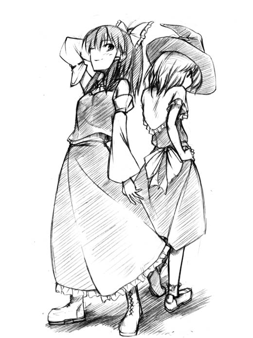 hakurei reimu and kirisame marisa (touhou) drawn by hikawa_shou