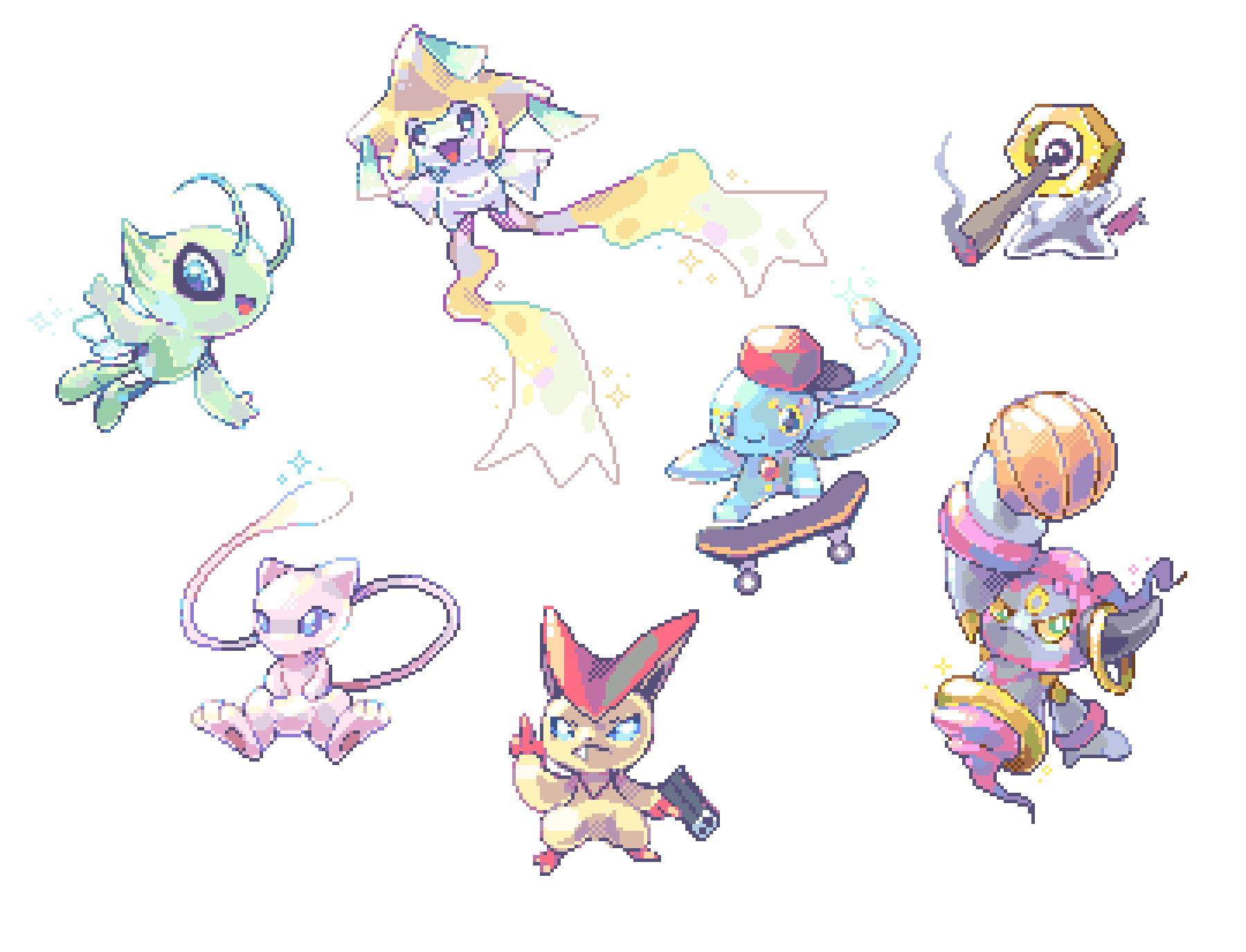 Mew Celebi Jirachi Manaphy Shaymin Victini jirachi, mew, celebi, victini, manaphy, and 3 more (pokemon) drawn by