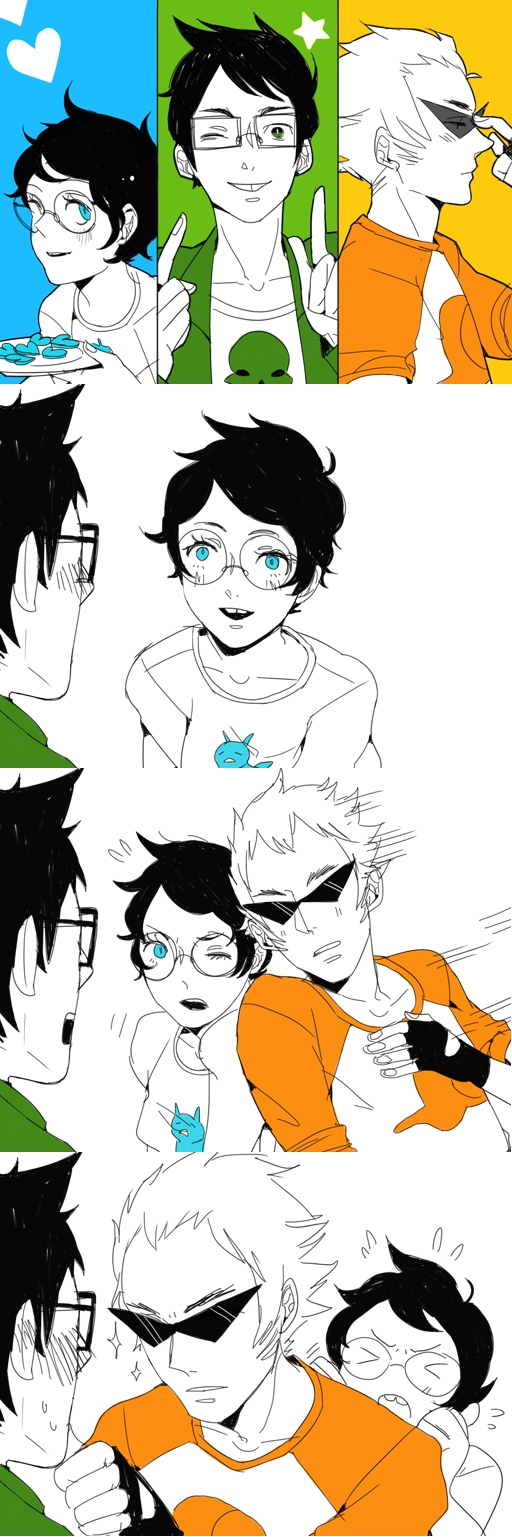 dirk strider, jake english, and jane crocker (homestuck) drawn by ruuko_(readysetjeans)