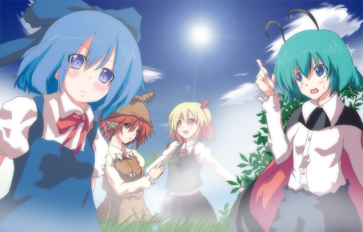 cirno, rumia, mystia lorelei, and wriggle nightbug (touhou) drawn by kayshine