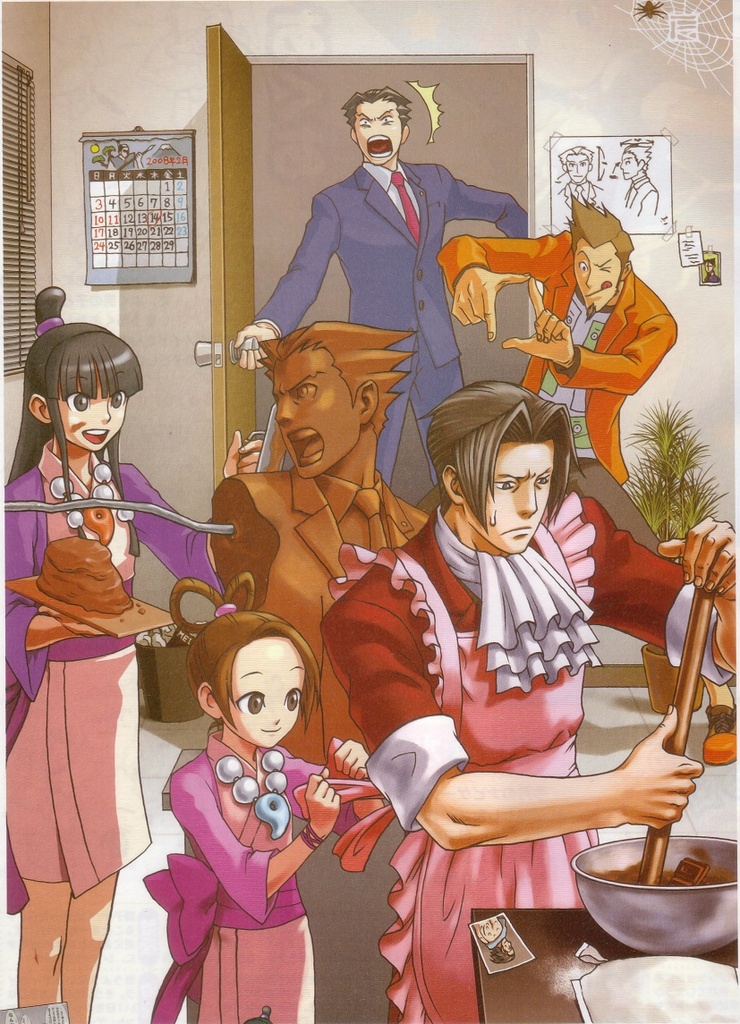 phoenix wright, miles edgeworth, maya fey, pearl fey, and larry butz (ace attorney and 2 more) drawn by iwamoto_tatsurou