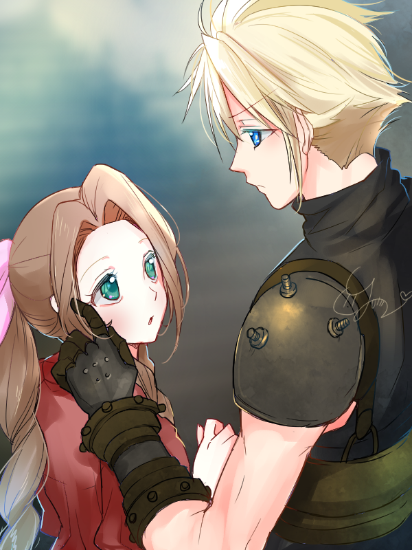 cloud strife and aerith gainsborough (final fantasy and 2 more) drawn by yumineko