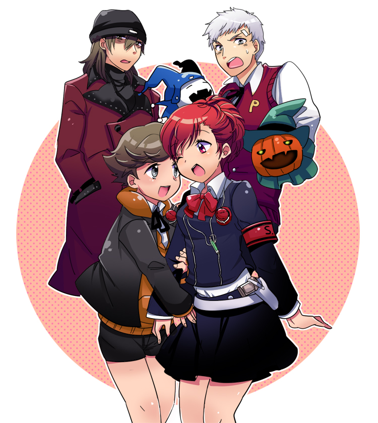 shiomi kotone, sanada akihiko, aragaki shinjirou, jack frost, amada ken, and 1 more (persona and 2 more) drawn by kida_yuu
