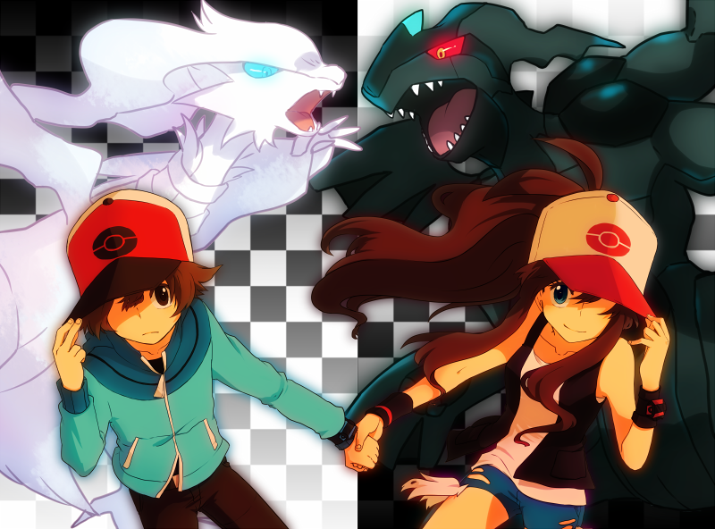 hilda, hilbert, reshiram, and zekrom (pokemon and 1 more) drawn by sekka_koyori