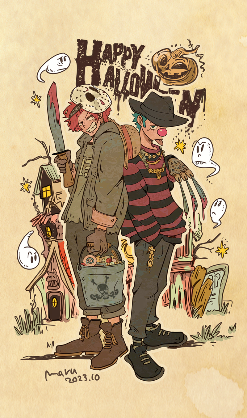 shanks, buggy the clown, jason voorhees, and freddy krueger (one piece and 2 more) drawn by skeleton_info