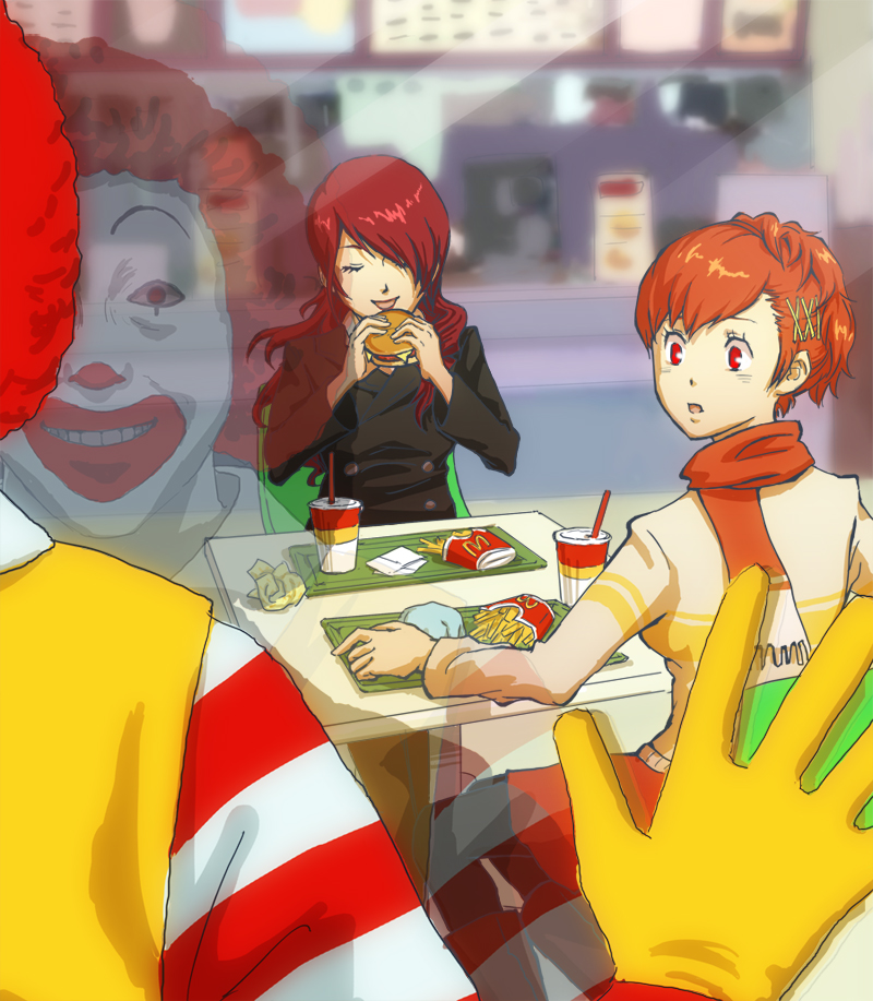 shiomi kotone, kirijou mitsuru, and ronald mcdonald (persona and 3 more) drawn by jigoku_meguri
