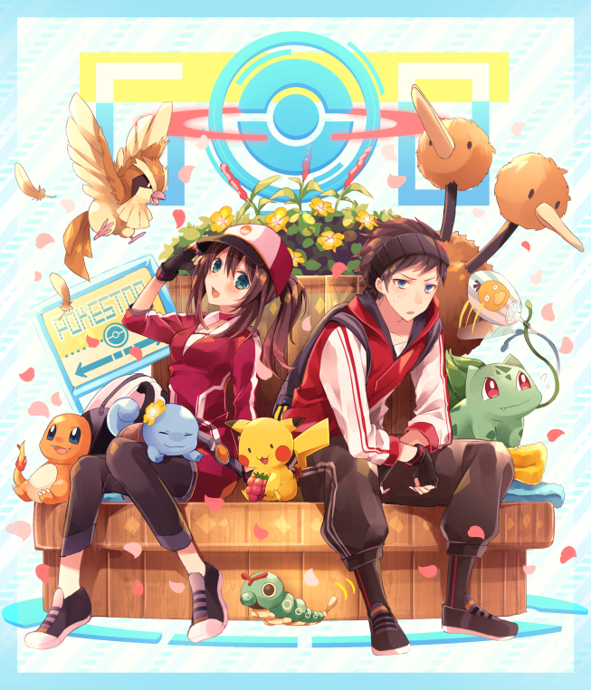 pikachu, bulbasaur, squirtle, charmander, psyduck, and 5 more (pokemon and 1 more) drawn by yunohito