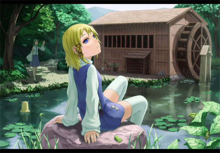 kochiya sanae, moriya suwako, and pyonta (touhou) drawn by kurione_(zassou)