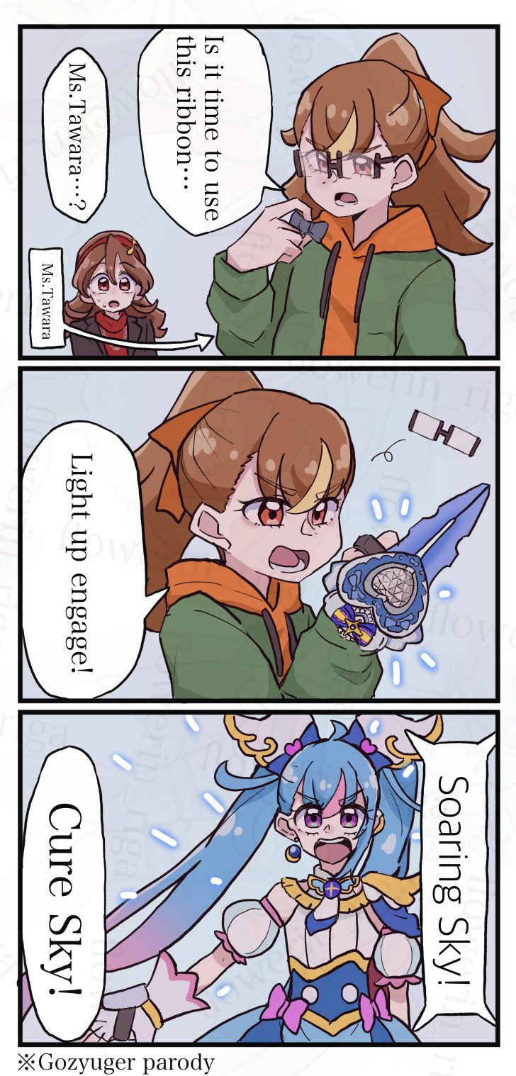 cure sky, inukai komugi, and sakura uta (precure and 5 more) drawn by flowerin_riga
