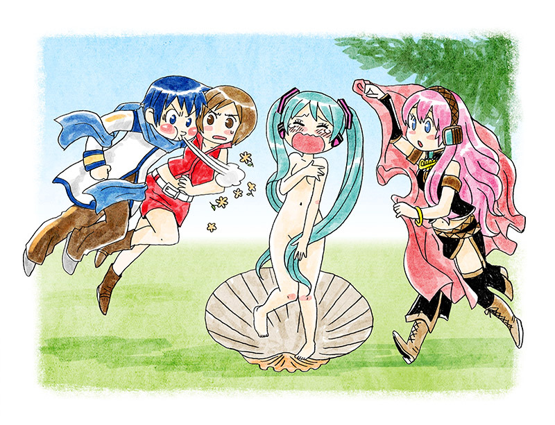 hatsune miku, megurine luka, kaito, and meiko (vocaloid and 1 more) drawn by shimizu_toshiyasu