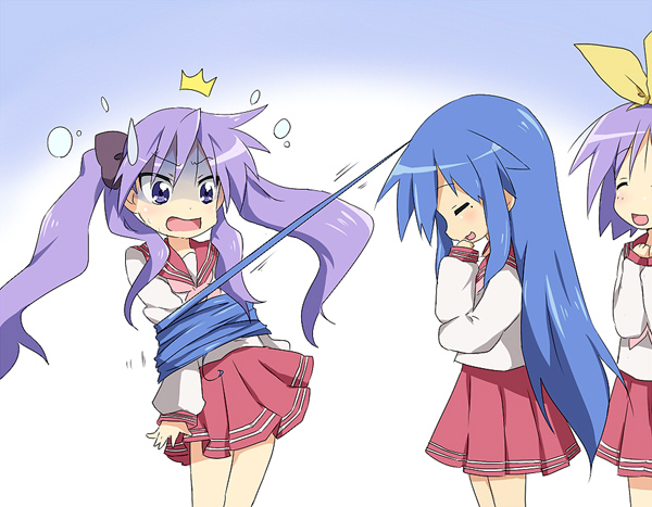hiiragi kagami, izumi konata, and hiiragi tsukasa (lucky star) drawn by maruki_(punchiki)