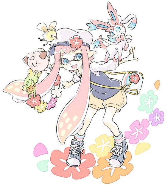 inkling player character, inkling girl, sylveon, clefairy, cutiefly, and 1 more (pokemon and 1 more) drawn by sen_squid