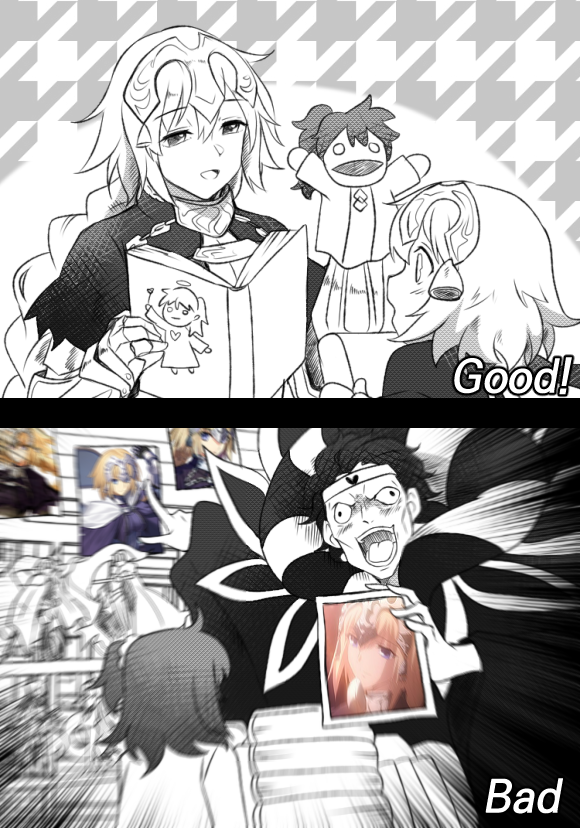 fujimaru ritsuka, jeanne d'arc, jeanne d'arc alter santa lily, gilles de rais, and romani archaman (fate and 1 more) drawn by uni_(unnny)