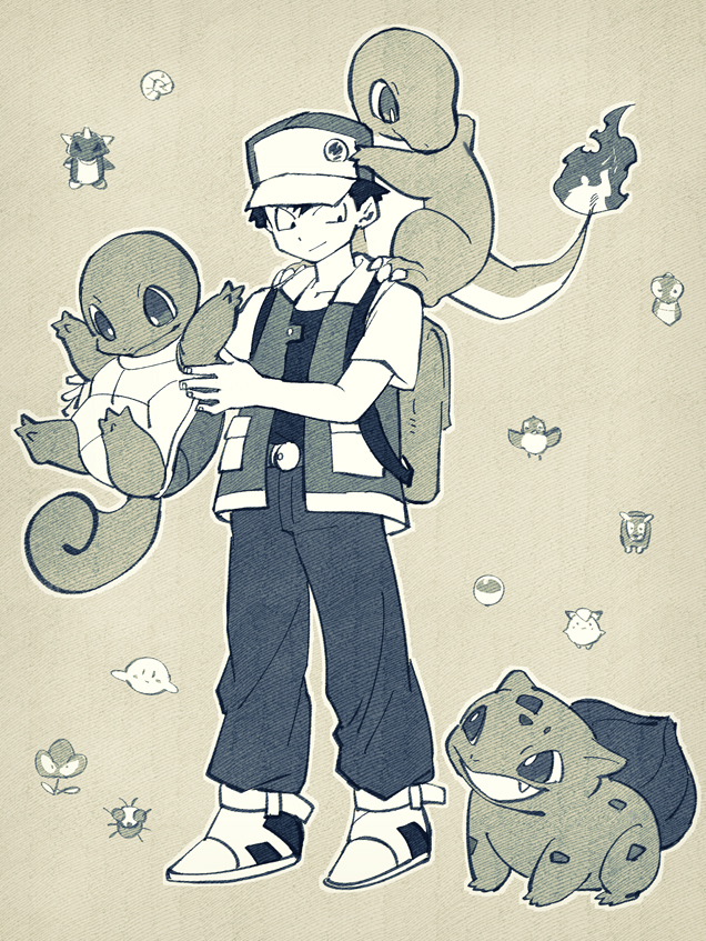 red, bulbasaur, squirtle, and charmander (pokemon and 1 more) drawn by yuza