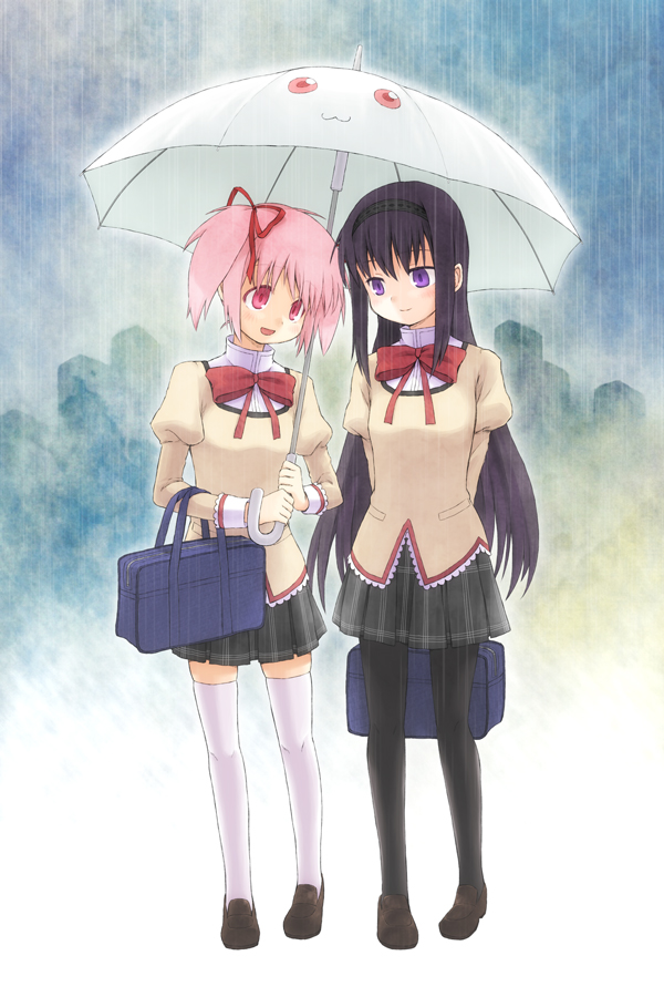 akemi homura, kaname madoka, and kyubey (mahou shoujo madoka magica) drawn by tsuyushiro