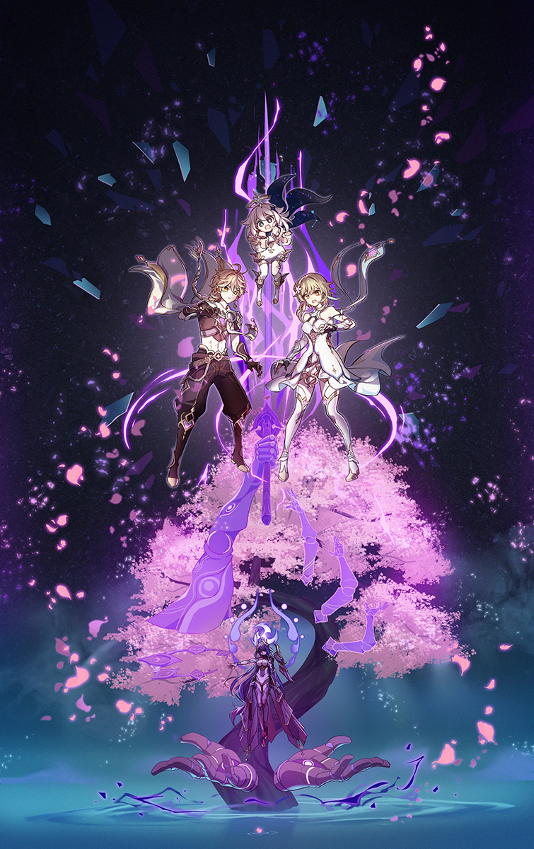 lumine, raiden shogun, and paimon (genshin impact) drawn by sakon04