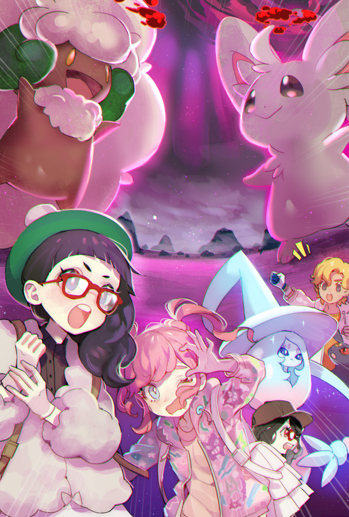 gloria, umbreon, victor, hatterene, whimsicott, and 1 more (pokemon and 1 more) drawn by zuizi