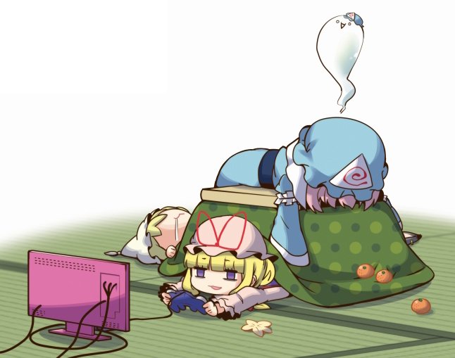 yakumo yukari, saigyouji yuyuko, yakumo ran, and chen (touhou) drawn by kapuchii