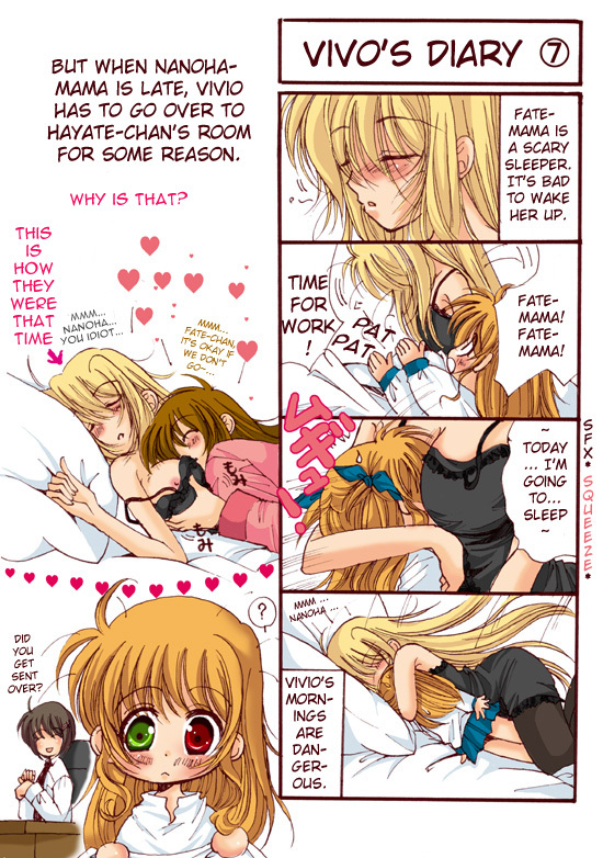 fate testarossa, takamachi nanoha, yagami hayate, and vivio (lyrical nanoha and 1 more) drawn by hina_sasaki