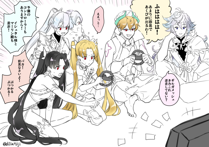 ereshkigal, ishtar, tomoe gozen, merlin, and gilgamesh (fate and 1 more) drawn by momochi_(orrizonte)
