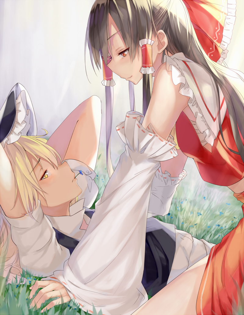 hakurei reimu and kirisame marisa (touhou) drawn by ookamisama