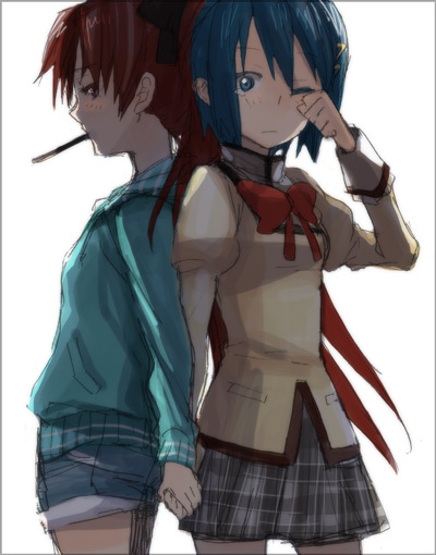 miki sayaka and sakura kyoko (mahou shoujo madoka magica) drawn by fukutarou_(enji127)