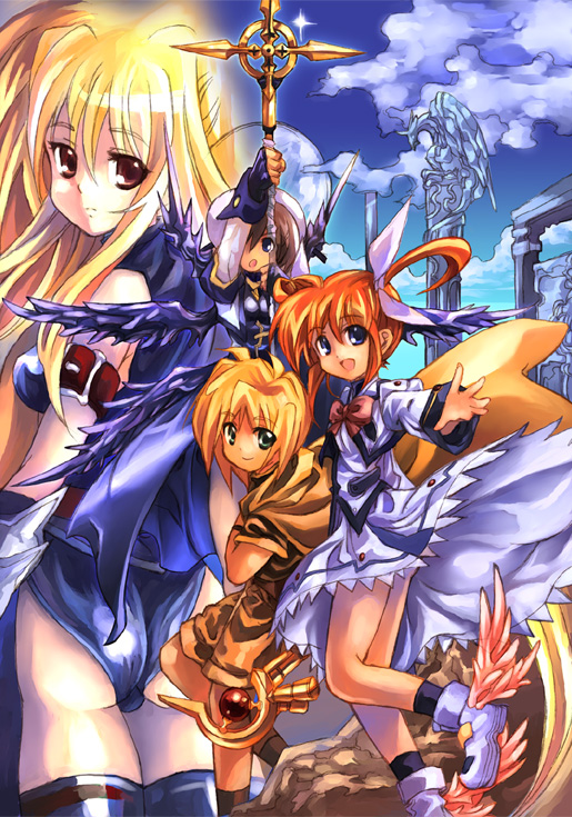 fate testarossa, takamachi nanoha, yagami hayate, raising heart, yuuno scrya, and 1 more (lyrical nanoha and 2 more) drawn by kouno_hikaru