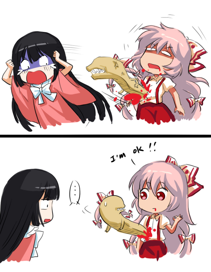 fujiwara no mokou, houraisan kaguya, and chestburster (touhou and 1 more) drawn by jokanhiyou
