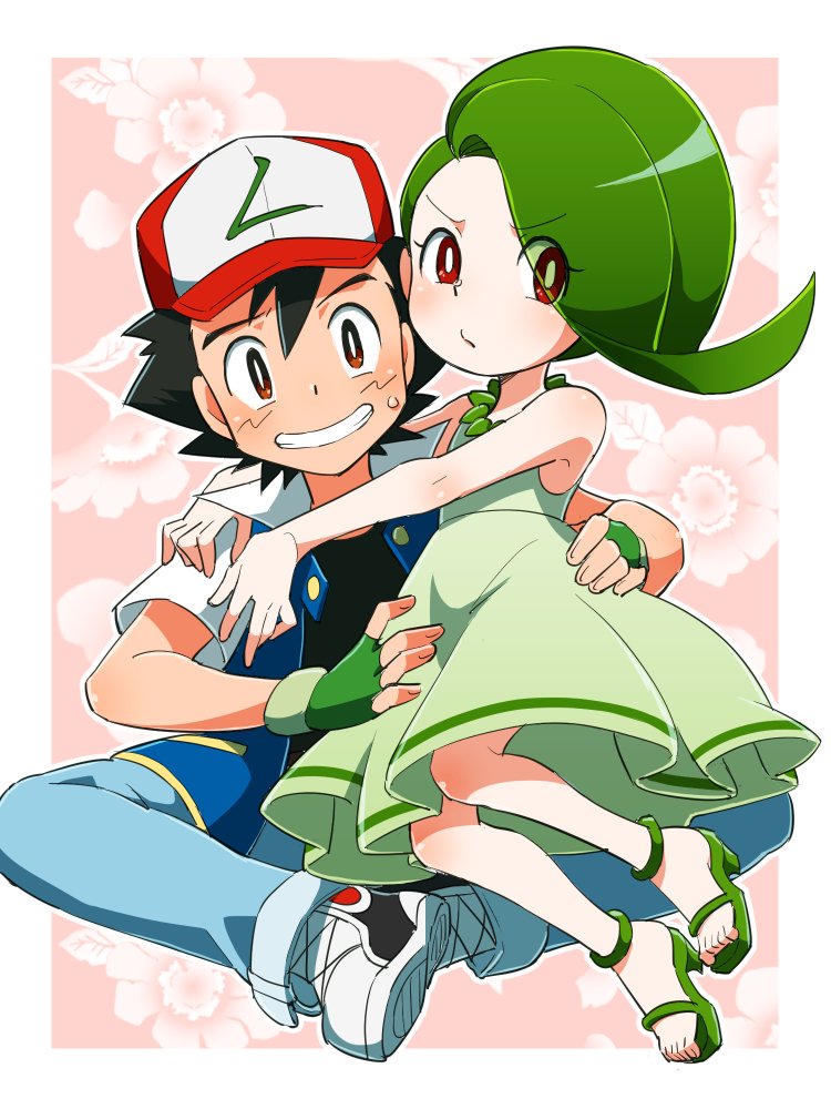 ash ketchum and chikorita (pokemon) drawn by djmn_c