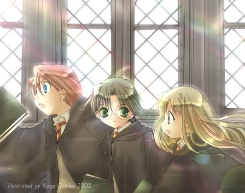 hermione granger, harry potter, and ron weasley (wizarding world and 1 more) drawn by koge_donbo