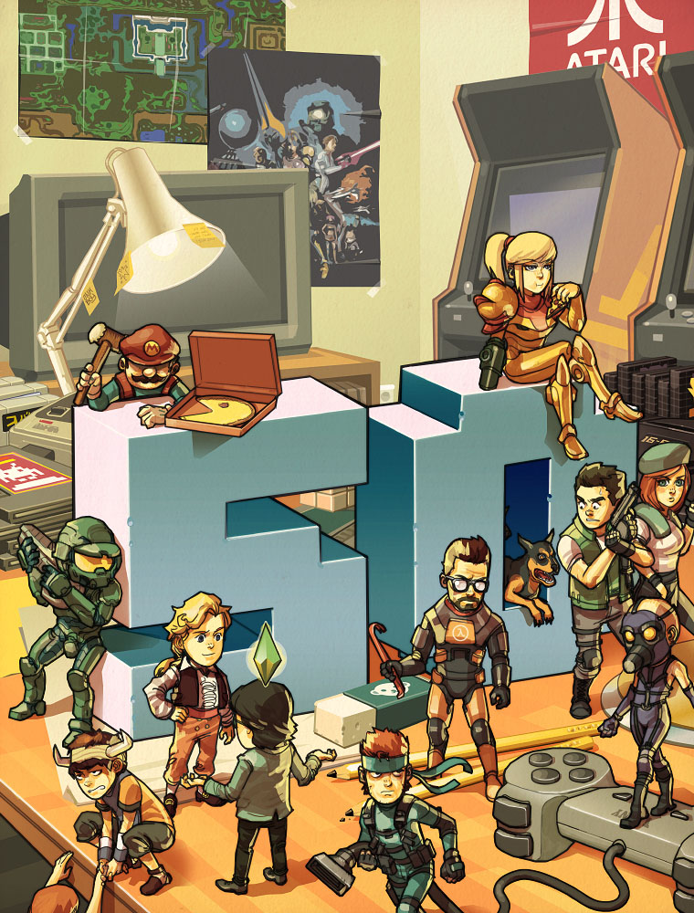 samus aran, mario, jill valentine, chris redfield, solid snake, and 8 more (the legend of zelda and 17 more) drawn by junkboy