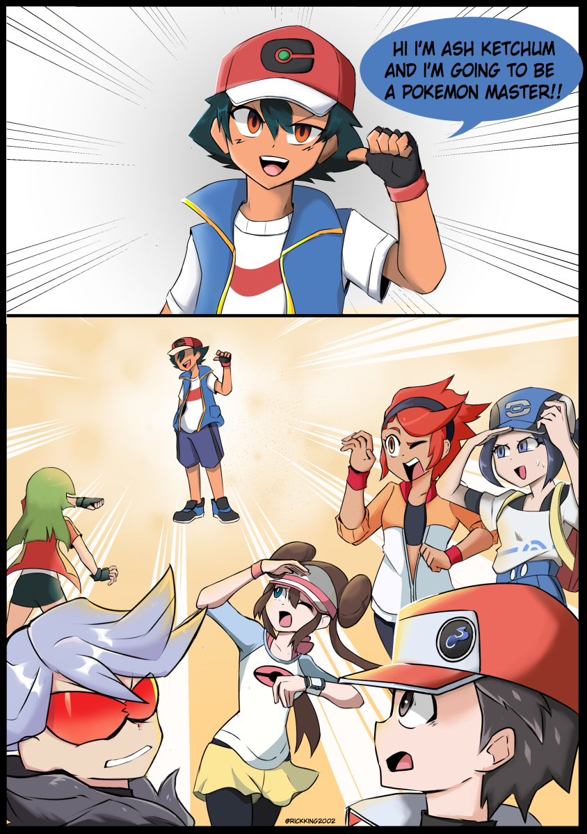 rosa, ash ketchum, red, ace trainer, bettie, and 2 more (pokemon and 4 more) drawn by rikininii_(rickking2002)