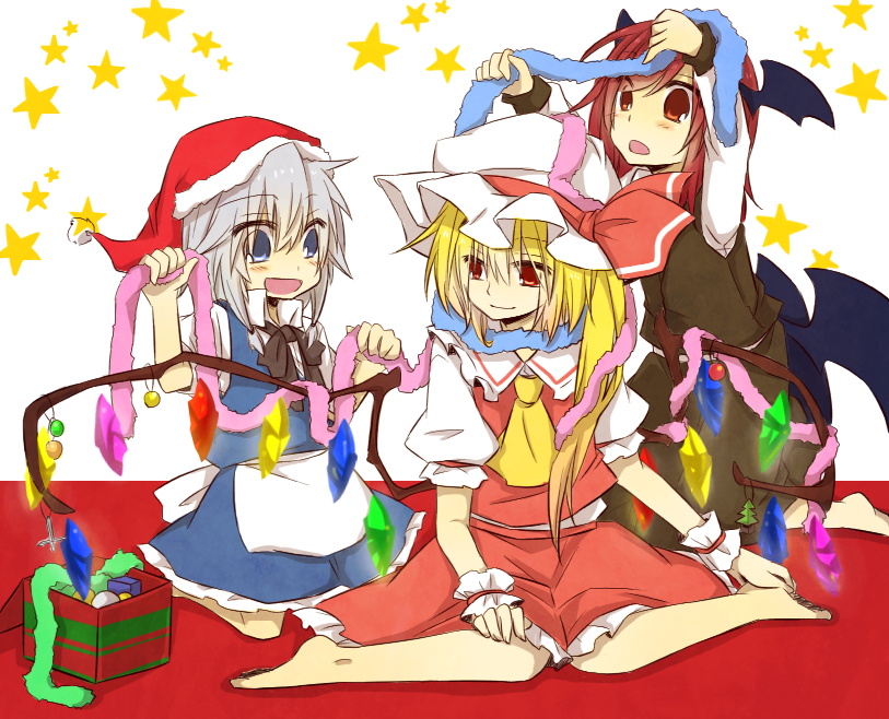 flandre scarlet, izayoi sakuya, and koakuma (touhou) drawn by yuuta_(monochrome)