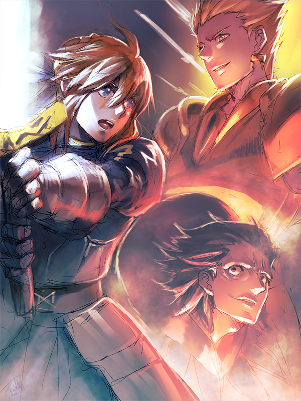 artoria pendragon, saber, gilgamesh, and gilles de rais (fate and 1 more) drawn by kokutan_kitsunen