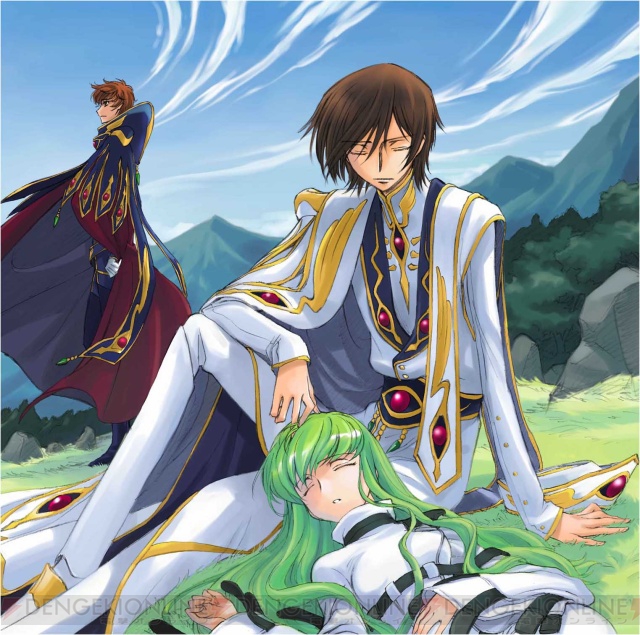 c.c., lelouch vi britannia, and kururugi suzaku (code geass) drawn by kimura_takahiro and ookouchi_ricca