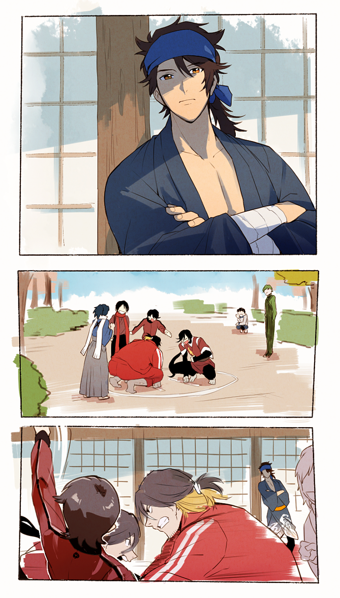 izumi-no-kami kanesada, horikawa kunihiro, mutsu-no-kami yoshiyuki, atsushi toushirou, uguisumaru, and 1 more (touken ranbu) drawn by t_k_g